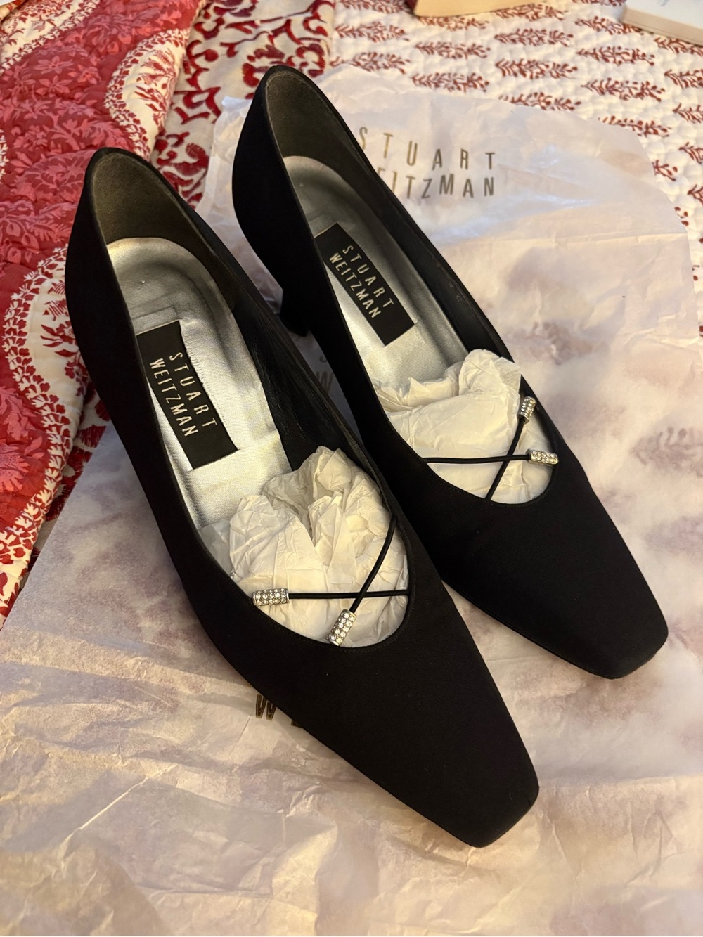 Stuart Weitzman Black Silk Crepe Pumps with Crystal-Strap Detail Size 9W